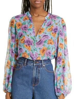 Veronica Beard Syden Floral 100% Silk Buton-Up Blouse LAKE BLUE MULTI, Size 4